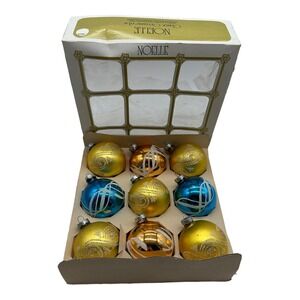 Box 9 VTG Noelle Christmas Glass Ball Ornaments 2 5/8" Ball Stenciled Glitter.